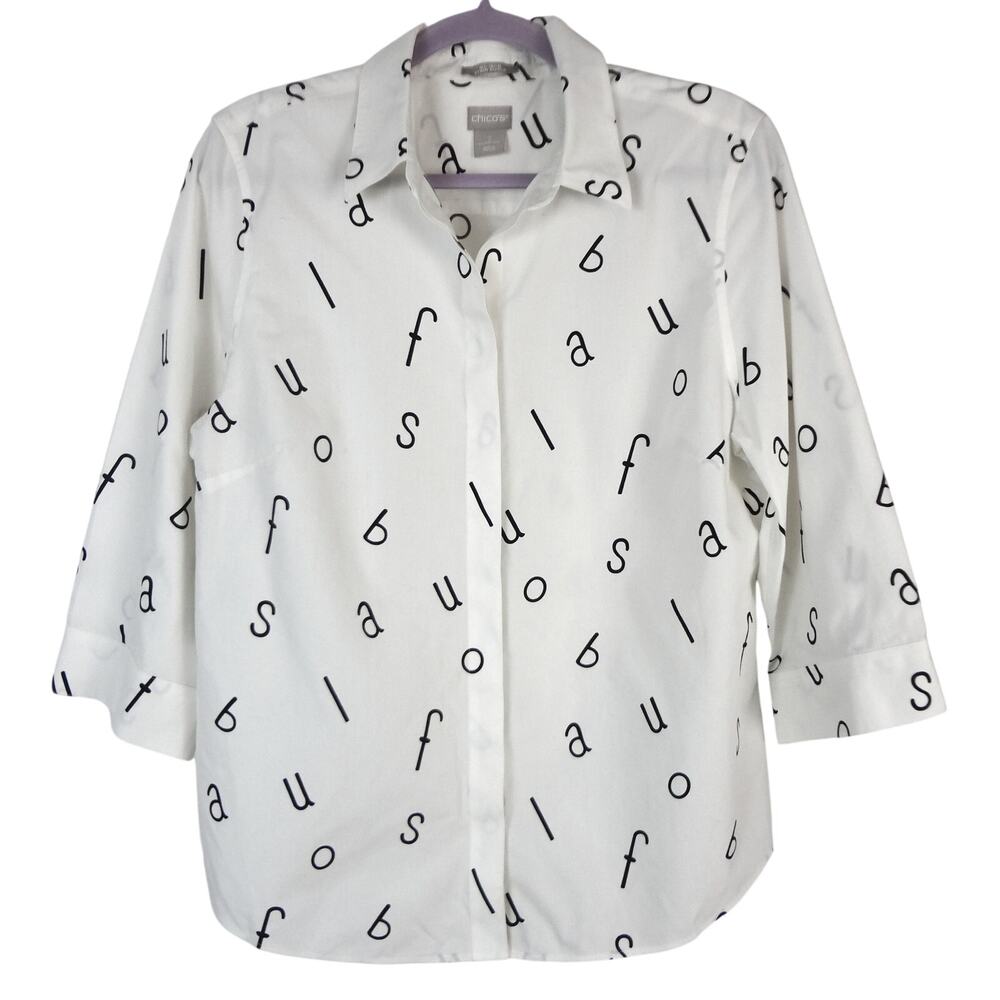 Chicos 2 Off White Button up Top 3/4 Sleeve COTTON Womens Large Alphabet No Iron